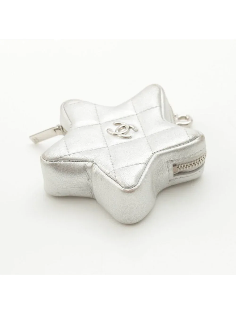 Chanel Lambskin CC Logo Quilted Star Coin Purse Pouch Silver